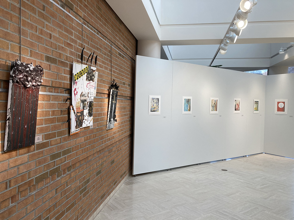 Back and Brick wall: Tera Peters paintings (brick) Alexia Hall monotypes (white wall)